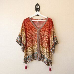 Democracy M Boho Blouse 100% Rayon Tassel Hem V Neck Multicolor